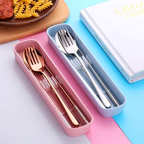 SBOMHS 18/10 Stainless Steel Portable Cutlery Chopsticks Spoon Fork Set with Case for School Home Office Camping Travel Outdoor Rose Gold — view 6