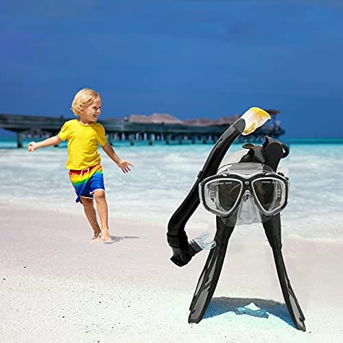 Kids Snorkeling Set with Fins Anti Leak Snorkeling Gear for Kids with Adjustable Flippers, Youth Junior Full Dry Snorkel Set Swimming Goggles with Nose Cover Diving Mask Scuba with Bag, 5-14 Yrs — view 5