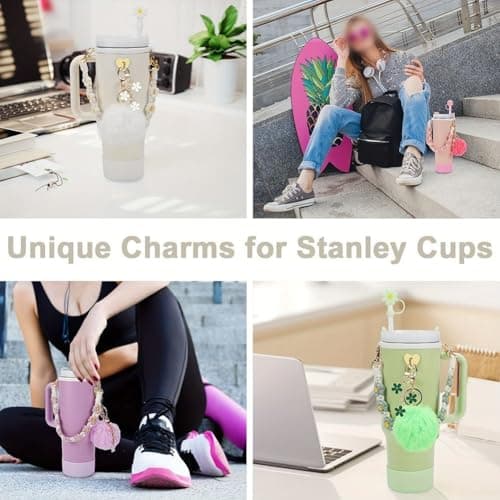 Silicone Cup Chain Accessories 7PCS for 30oz and 40oz Hydration Bottles with Hand Strap and Wool Ball Pendant for Secure Handling (green) — view 4