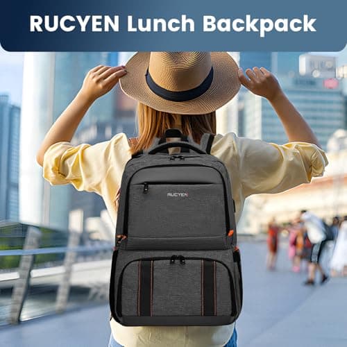 RUCYEN Lunch Backpack, Insulated Cooler Lunch Box for Men Women, 15.6 Inches RFID Blocking Laptop Backpack with USB Port Lunch Bag for Work Travel Black — view 5