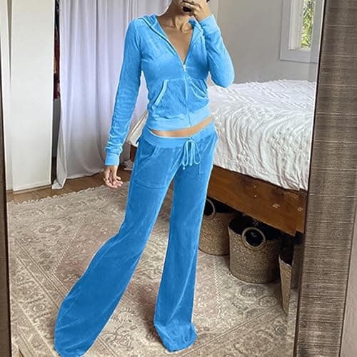 Womens Velour Tracksuits Set Sweatsuit Long Sleeve Zip Up Hoodie Top and Jogging Pants 2 Piece Sports Outfits Casual Loungewear Ladies Velvet Jogger Suit Sportswear for Ladies (Sky Blue, M) — view 2
