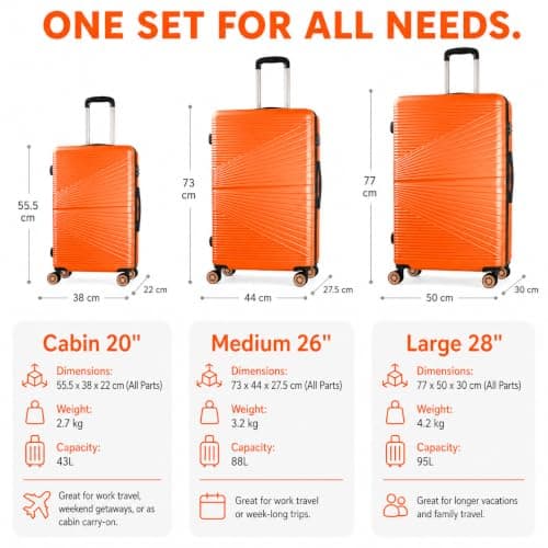 Set of 3 Pcs Luggage Hard Shell Suitcase, Orange — view 2