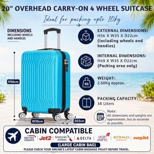 DK Luggage Carry-on 20 Inch Cabin Virgin Atlantic, EasyJet, BA, Jet 2 Hard Shell Hand Luggage Suitcase 4 Wheel Spinner Luggage ABS25 (Blue, 20" Carry-on) — view 2