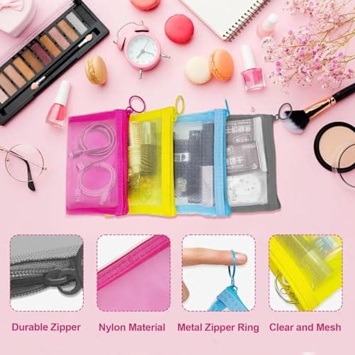 Mini Mesh Pouches(4 Pack), Small Mesh Bags with Zipper Nylon Makeup Pouches Bag Cosmetic Pouch Travel Purse Organizer Insert Diaper Inside Bag Organizers Home Organizing Size See Through Cute Colors — view 5