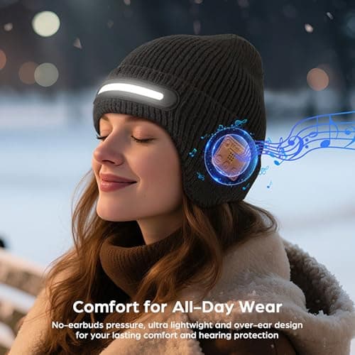 fesoklaf Bluetooth Beanie Hat Headphones with LED Light for Men Women Winter Warm Wireless Music Flashlight Beanie Outdoor Sports (UK, Alpha, One Size, Black) — view 4