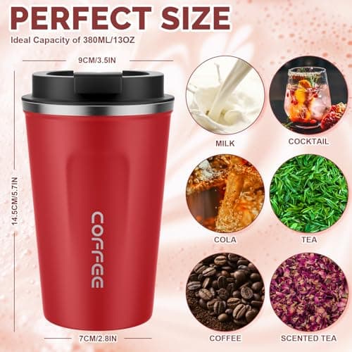 MOMSIV Coffee Cup, 380ml Stainless Steel Coffee Mug with Leak-Proof Lid, Insulated Vacuum Leakproof Travel Mug, Double-Walled Insulated Car Mug for Coffee, Tea Water (Red) — view 2