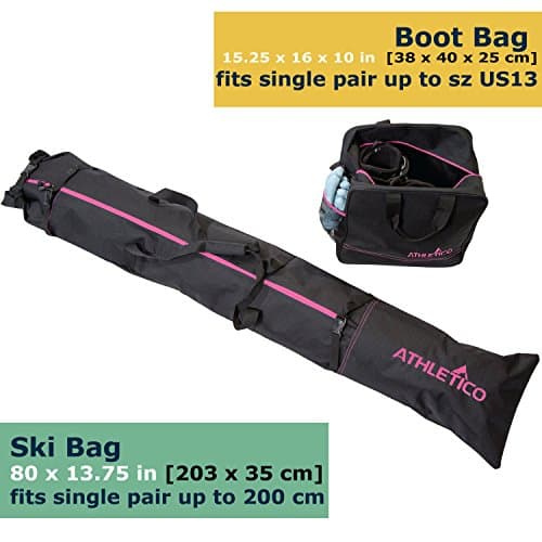 Athletico Two-Piece Ski and Boot Bag Combo | Store & Transport Skis Up to 200 CM and Boots Up To Size 13 | Includes 1 Ski Bag & 1 Ski Boot Bag (Black with Pink Trim) — view 3