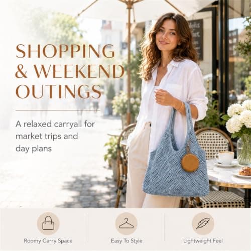 Large Beach Bag for Women, Light Blue Tote and Round Pouch, 2-Piece Set — view 4