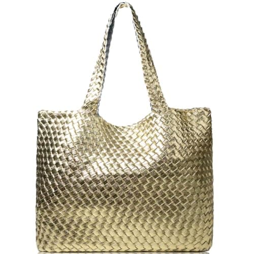 JINMANXUE Woven Tote Bag for Women, Large Summer Beach Travel Handbag and Purse Retro Handmade Shoulder Bags, Champagne Gold, One Size