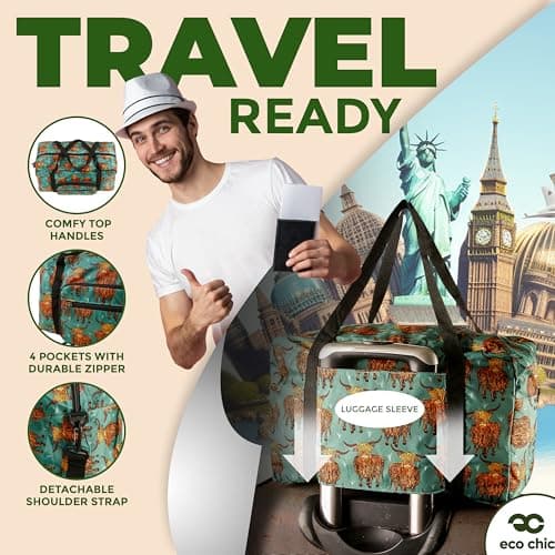 Eco Chic Recycled Cabin Holdall Bag, 40x20x25 for Ryanair Underseat Carry-On Luggage, Lightweight Foldable Water-Resistant Travel Duffle (Highland Cow Teal) — view 4