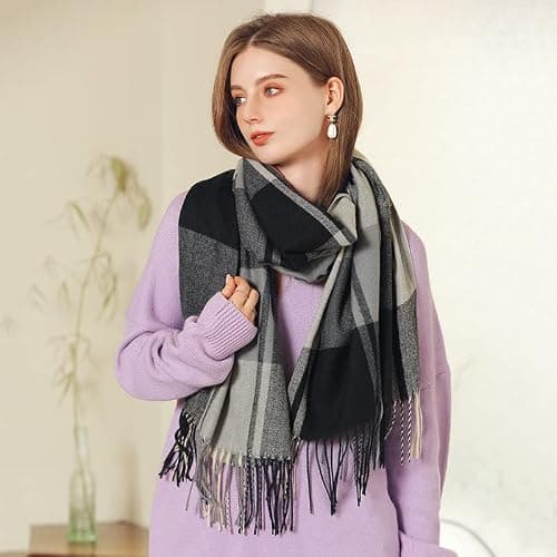 FCHUI Womens Tartan Scarf - Winter Long Plaid Blanket Scarves Soft Warm Check Pashmina Wool Shawl Wraps Ladies Spinning Tassel Long Stole Scarf (Pink Blue) — view 6