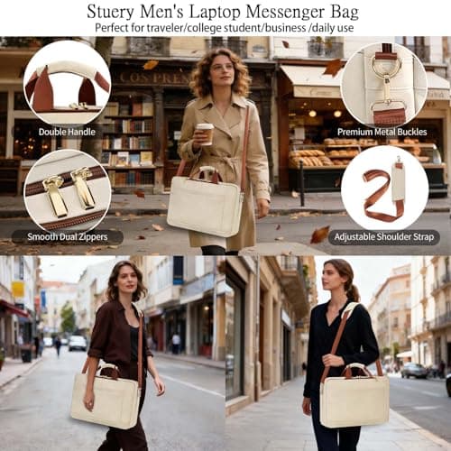 Stuery Faux Leather Messenger Bag for Men 17-17.3 Inch: Laptop Bag Briefcase Computer Handbags Shoulder Crossbody Bag with Padded Laptop Sleeve for Work College Travel, Beige White — view 6