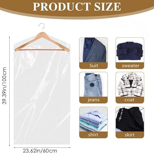 20 Pack Plastic Clothes Covers, 60*100cm/60*140cm Dry Cleaning Bags, Clear Clothes Bags Hanging, Garment Bags, Dust-proof Garment Protector Covers for Clothes Shirt Suit Jacket Sweater (60 × 100cm) — view 2