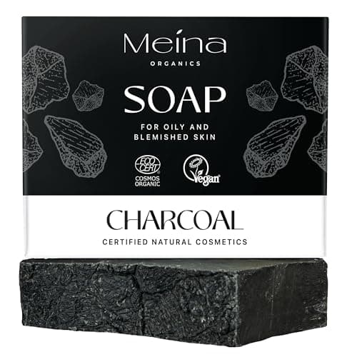 Meina Black Charcoal Soap Bar for Blemish Prone Skin, 100% Natural, Organic Certified, Face and Body, Vegan, Without Palm Oil, Plastic Free, Perfect for Travel and Sport, 100g