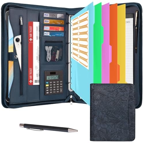 Leathario Portfolio Folder A4, Vegan Leather Conference Folder, 4-Ring Travel Document Holder with 5 5-Part File Dividers, Multi-Pocket Document Folder Organiser, Office Supplies