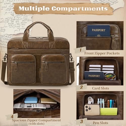 RAINSMORE Messenger Bags for Men Vintage Briefcase PU Leather Laptop Bag 15.6 Inch Satchel Bag for Work Business Office College Trip School Black/Brown/Dark Brown Brown — view 3