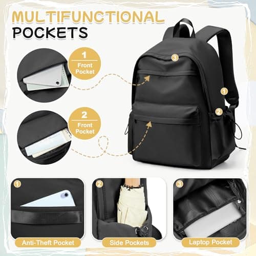 HYC00 School Backpack Womens, Unisex Casual Daypack High Secondary School Bags for Teenage Girls Water Resistant Laptop Backpack Travel College Rucksack Backpacks for Women Men Schoolbag, K1-Black — view 4