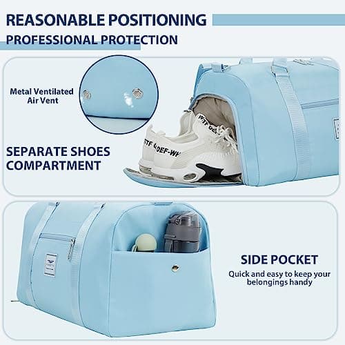 FIORETTO Womens Gym Sports Bag Travel Bag with Shoes Compartment & Wet Pocket, Weekend Overnight Duffle Hospital Bag Carry On Bag Holdall for Travel Swimming Light Blue — view 6
