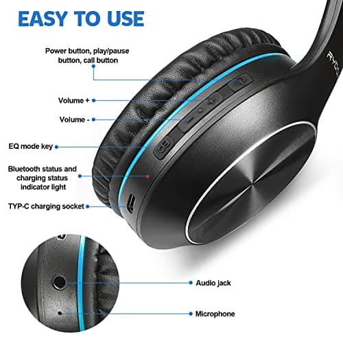 Rydohi Bluetooth Headphones Over Ear, 68H Playtime and 3 EQ Music Modes Wireless Headphones with Microphone/Deep Bass, HiFi Stereo Foldable Lightweight Headset for PC Home Travel Office (BLACK-BLUE) — view 6