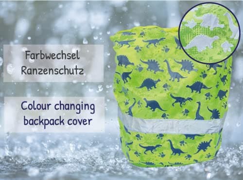 HECKBO Magic Satchel Backpack Rain Cover for Kids Boys Girls - Changes Colour in Rain - Dino Dinosaur - Reflective Stripes - Waterproof School Bag Protection - Water Repellent Rain Cover - Universal — view 2