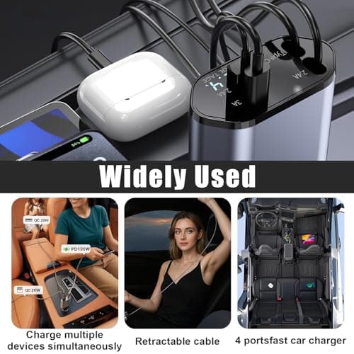 Retractable Car Charger, 4-in-1 Car Phone Charger 120W Fast Charge with 2 Retractable Cables and 2 USB Ports, Multi-Device Car Phone Charger Adapter for Cars, Trucks and Vans, Multifunctional — view 6