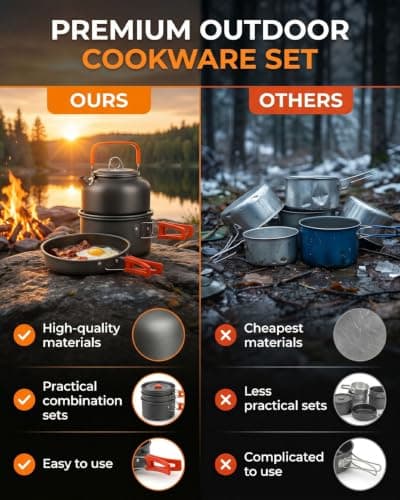 17-Piece Camping Cooking Set for 2–3 People, Aluminium Camping Pots and Pans with Kettle, Plates, Cups & Windshield, Lightweight Camping Cookware and Camping Cooking Equipment for Outdoor Use — view 2