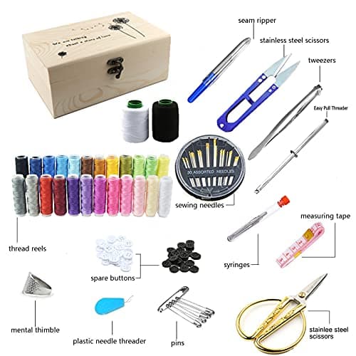 Wooden Sewing Basket,MKNZOME Over 110 Pcs Premium DIY Sewing Supplies Accessories Portable Mini Sewing Kits with Wooden Storage Box for DIY Adults Kids Beginners Traveller and Emergency Clothing Fixes — view 3