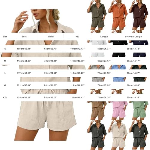 Linen Coord Sets for Women UK Beige Button Short Sleeve Shirt and Drawstring Shorts Leisure Suit Loungewear Outfit Jogger Tracksuit Set Loose Comfy sets with Pockets Home Office and Holiday — view 5