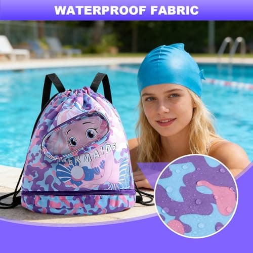 TOUKBEAU Mermaid Drawstring Bag with Swim Cap for Girls, Kids Storage Organizer for Toys & Travel, Multipurpose Beach Pool Bag with UPF50 Swimming Hat for Toddler Age 3-12 Years — view 2
