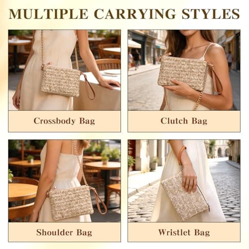 Andiker Straw Crossbody Bags for Women, Woven Summer Bag with Detachable Gold Chain Strap and Wrist Strap, Womens Handbag for Beach Commutes Dates (Yellow) — view 2