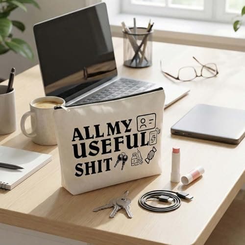 Large Cream Canvas Makeup & Toiletry Bag for Travel and Commuting - Spacious Zipper Pouch for Cosmetics, Electronics, Snacks, Chargers, and Essential Storage with Humorous Design All My Useful Shit — view 3