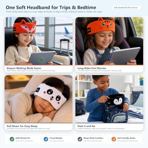 Kids Wireless Headphones, Plush Sleep Headband for Kids, Over Ear Thin Speakers, Soft Washable Sleep Mask for Travel and School (I) — view 3