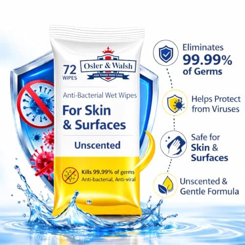 Osler & Walsh Antibacterial Wet Cleaning Wipes 72 Pack, Alcohol Free UNFRAGRANCED Wet Wipes with Glycerin, Multipurpose Hand & Surface Wipes for Home, Office, Clinic & Care Homes — view 2