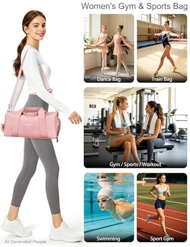 Small Gym Bag for Girls Kids,Sport Duffle Bag for Women Fitness Workout, Travel, Dance, Ballet, Swim with Shoes Compartment & Waterproof Pocket,Easy Carrying Pu Leather Handle (Pink,16"-Small) — view 6