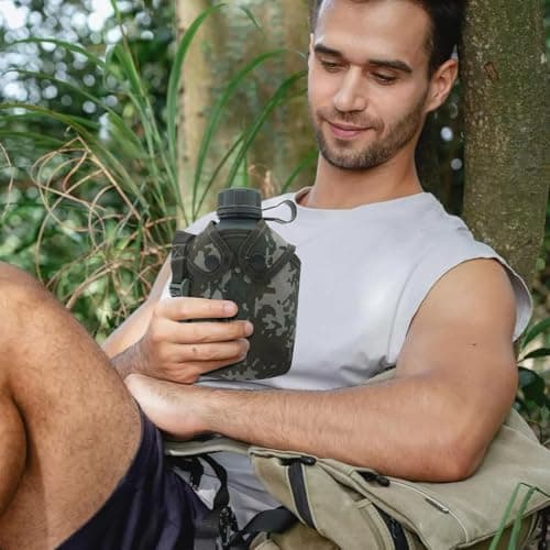 Outdoor Army Canteen- Metal Hydration Bottle, Trekking Sports Flask | Camouflage Pouch Adventure Equipment, portable water canteen, Soldier Bottle with Carry Strap, Thermal Liquid Holder, 1L, Cup for — view 2