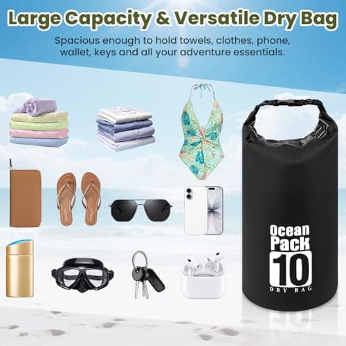 URAQT Waterproof Dry Bag, 10L Durable PVC Roll Top Dry Sack with Single Adjustable Shoulder Strap, Canoe Bags Storage Bags for Kayaking, Boating, Beach, Swimming, Camping and Outdoor Sports(Black) — view 3