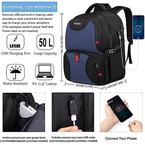 HILUSEN Extra Large Travel Laptop Backpack 50L,Lunch Backpack 17.3 Inch Business Work Backpack Bag With USB Charging Port,Water Resistant Big College High School Rucksack for Men Women Blue — view 5
