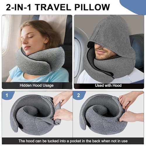Furansijin Travel Neck Pillow for Airplane, Memory Foam, Hooded, Dark Grey — view 4