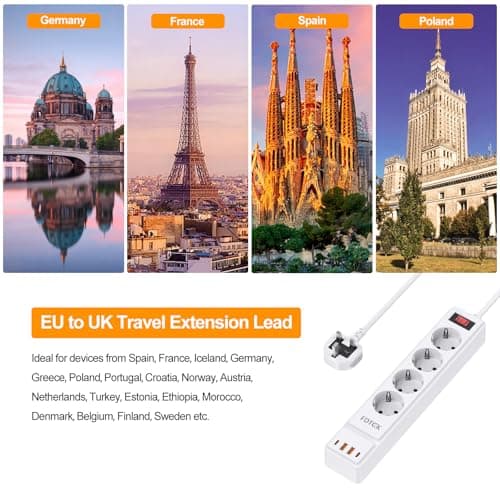 4 Way European to UK Plug Adaptor, EU to UK Plug Adapter with 4 AC Outlets, 2 USB-C Ports & 2 USB-A Ports, 2 Pin to 3 Pin Adapter Plug UK Travel from France, Italy, Spain, Germany, Poland — view 5
