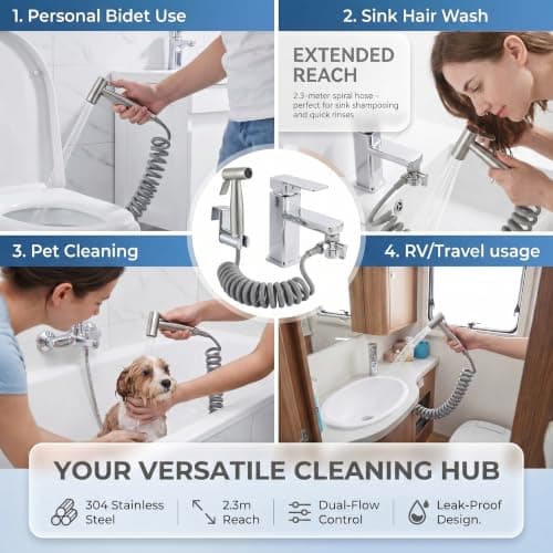 Bidet Attachment for Toilet UK, Handheld Bidet Sprayer System - Stainless Steel Muslim Shower Shattaf, Chrome Sink Faucet Diverter Adapter, Flexible Spiral Hose & Portable RV Travel Jet Douche Hygiene — view 2