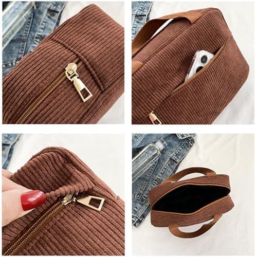 KASESSS Large Makeup Bag Organizer, Travel Bags, Corduroy Toiletry Bag with 2 Compartments, Travel Makeup Bags with Two Mesh Layers with Handle for Men Women, Travels Essentials Cosmetic Storage — view 3