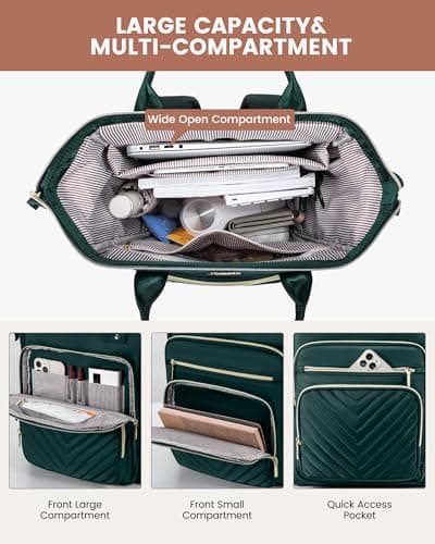 LOVEVOOK Laptop Backpack Womens, 15.6 inch Laptop Rucksack Bag for Women, Large Ladies Backpacks Waterproof School Bags with USB Port, Fashion Daypacks for Uni College Work Travel, Dark Green — view 3