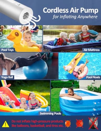 Electric Air Pump Paddling Pool 2×2000mAh Cordless Pump for Inflatables Quick Inflate/Deflate Rechargeable Battery Pump for Airbed Camp Mattress Air Chair Sofa Kids Pool Swimming Ring — view 3