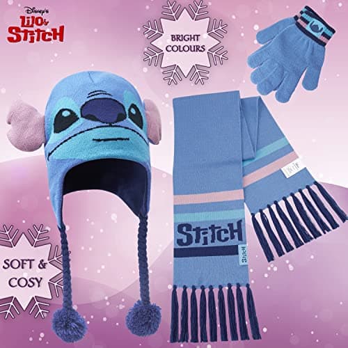 Disney Stitch Girls Beanie Scarf Teenagers Kids Gloves Winter Accessories School Travel Stitch Gifts, Choose from Sets (Blue Stitch 3 Pcs) — view 3