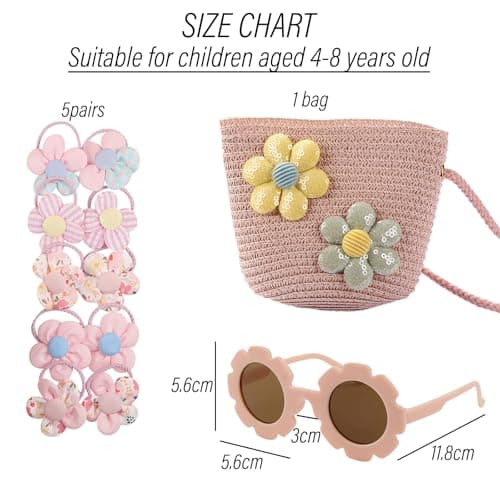 DAVBNM Cute Floral Straw Crossbody Bags Girl Shoulder Bag Girls Handbags Toddler Handbag, Braided Floral Princess Bag Woven Straw Bags + Flower Sunglasses & Floral Headbands for Shopping School Travel — view 4