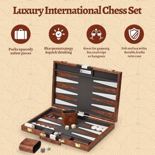 Backgammon Set, 11 Inch Backgammon Set With Premium Leather Case, Portable Board Game With Acrylic Playing Pieces & Wooden Dice Cups, Backgammon Travel Set For Adults And Kids (Brown) — view 3