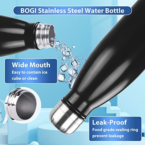 BOGI 2 Pack Insulated Water Bottle, 500ml Stainless Steel, Keeps Drink Hot & Cold, Leakproof, Sport Water Bottle for Girls Boys, Black+dblue — view 5