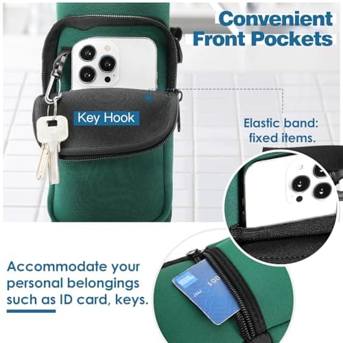 Nuovoware Water Bottle Carrier Bag, 1000ml Bottle Pouch Holder, Adjustable Shoulder Hand Strap 2 Pocket Sling Neoprene Sleeve Sports Accessories for Hiking Travelling Camping, Dark Green — view 2
