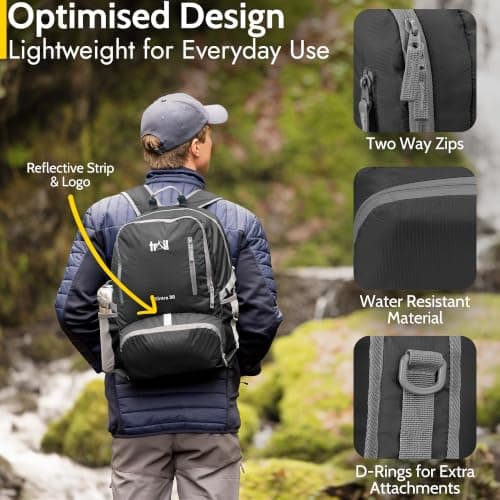 Trail Foldable Backpack, Lightweight Packable Rucksack, 30L, Black — view 5