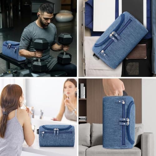 PNEUICALLY Hanging Toiletry Bag for Women and Men Traveling Makeup Large Capacity Cosmetics Portable Dopp Kit Storage Organizer Bag with Hanging Hook for Toiletries Brushes Shaving Tools, Frosted Navy — view 3